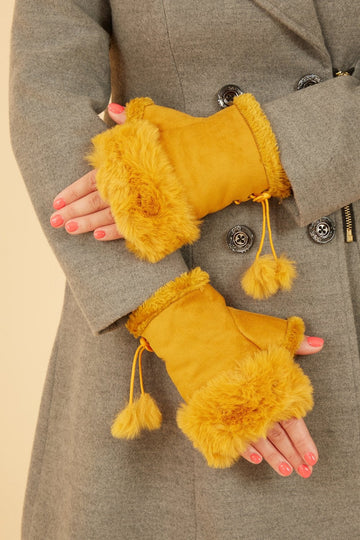 Mustard Fur Fingerless Suede Mittens