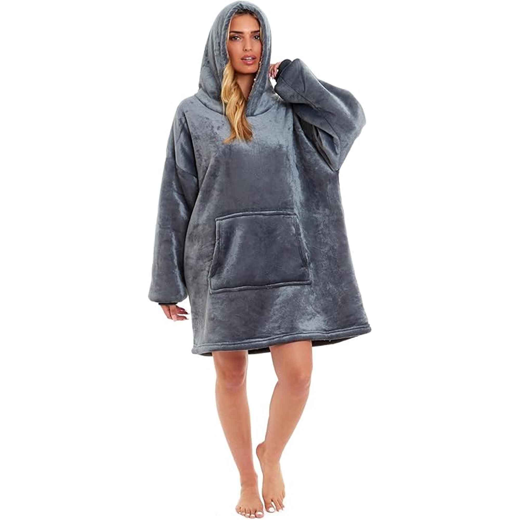 Oversized Hooded Blanket Sweatshirt Plush Sherpa Fur Grey Pink Giant Hoodie for Adults and Kids with Elastic Cuffs and Pocket by Daisy Dreamer