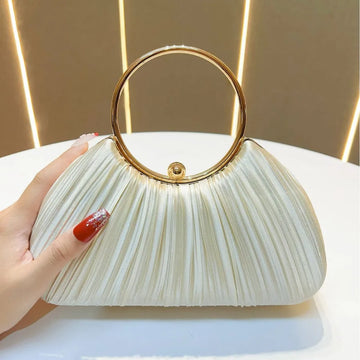 New Women's Handbag Pleated Evening Bag Party Dress Ball Gown Ring KTV Princess Socialite Bag Shell Shape Polyester Material