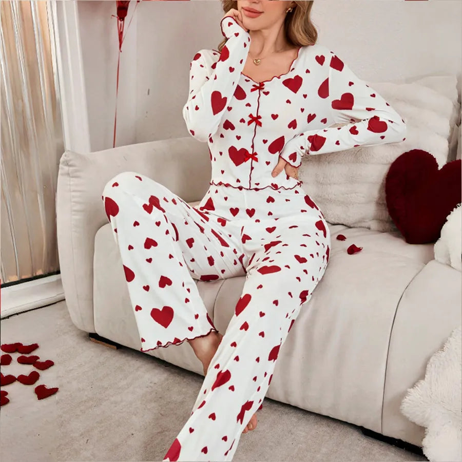 Ladies Spring Autumn Love Heart Print Home Clothes Set V Neck Long Sleeve Polyester Sleepwear Two Piece Cute Bedroom Costume