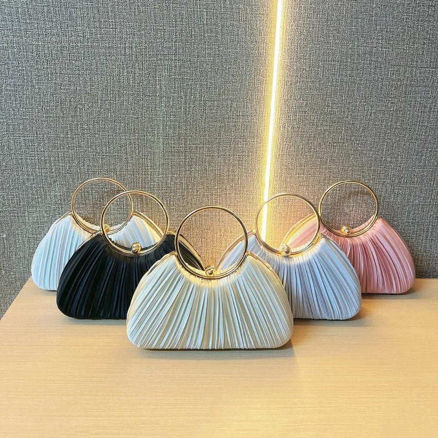 New Women's Handbag Pleated Evening Bag Party Dress Ball Gown Ring KTV Princess Socialite Bag Shell Shape Polyester Material