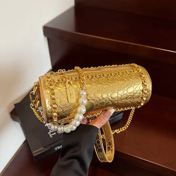 Fashionable Ladies' Mini Shoulder Bag New Style Trendy Crossbody Round Tube Bag PU Material Chain Element Single Strap