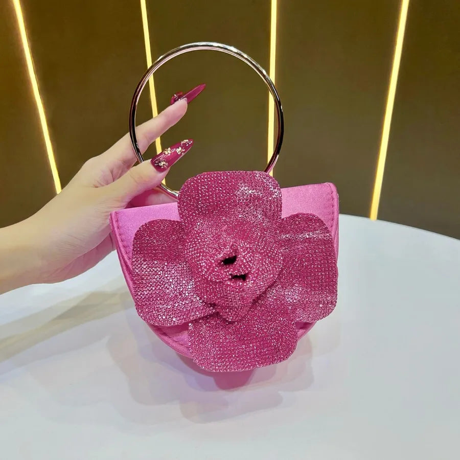 New Fashionable Tea Rose Shiny Handbag Women's Evening Bag Round Handle Shoulder Crossbody Bag For Banquet And Dinner