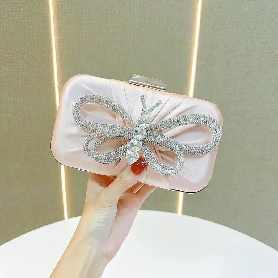 Elegant Diamond Butterfly Knot Clutch Bag Shoulder Crossbody Bag For Women Party Dinner Bag Silk Square Handbag Fashionable