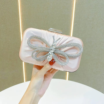 Elegant Diamond Butterfly Knot Clutch Bag Shoulder Crossbody Bag For Women Party Dinner Bag Silk Square Handbag Fashionable