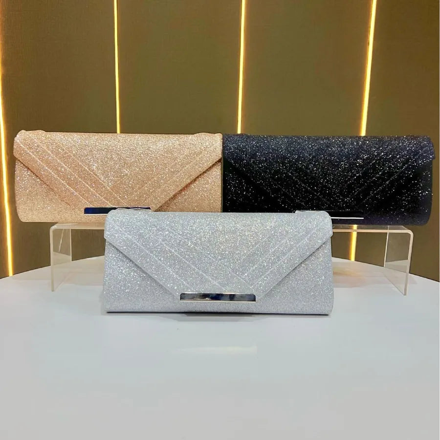 Shiny Evening Bag Clutch Chain Shoulder Bag Luxury Fashionable Polyester Square Envelope Bag Folded Edge Design For Banquet