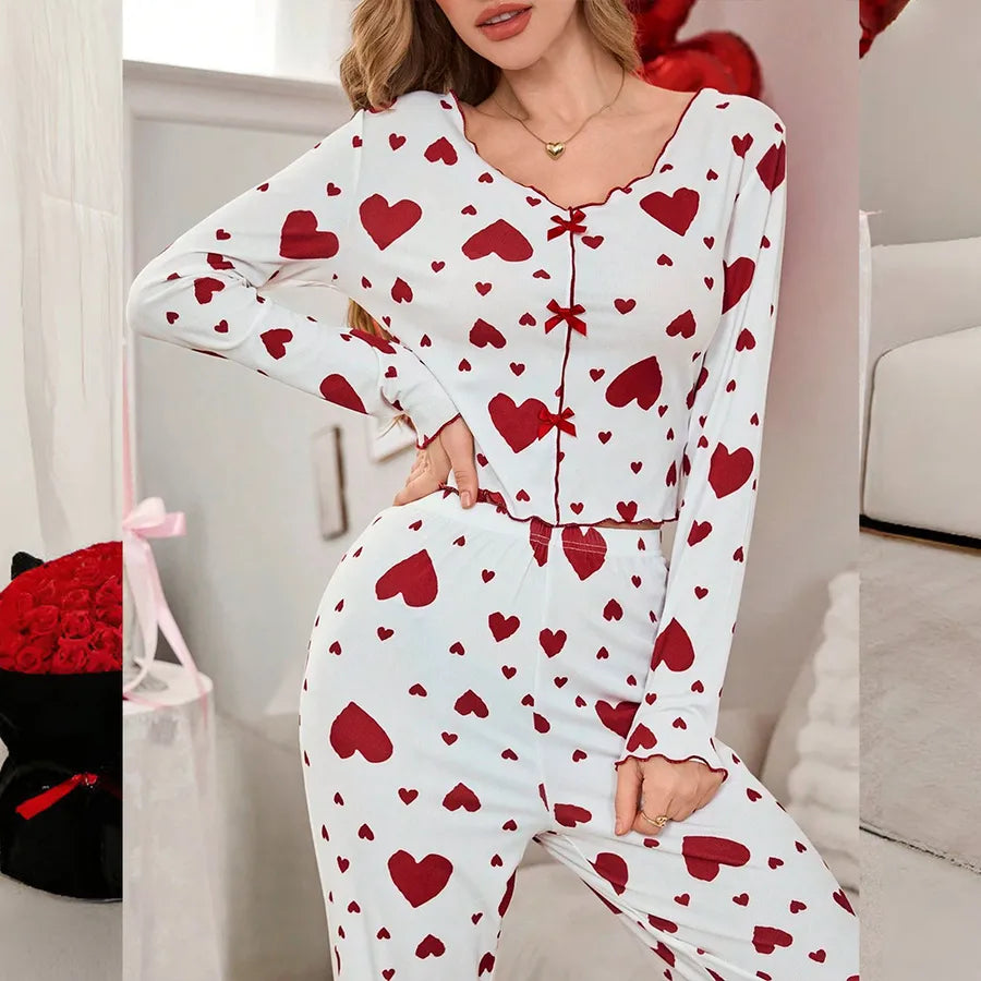 Ladies Spring Autumn Love Heart Print Home Clothes Set V Neck Long Sleeve Polyester Sleepwear Two Piece Cute Bedroom Costume