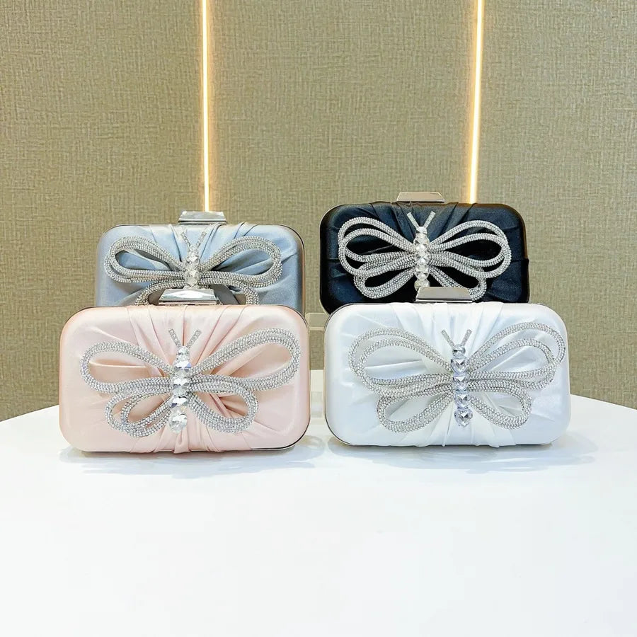 Elegant Diamond Butterfly Knot Clutch Bag Shoulder Crossbody Bag For Women Party Dinner Bag Silk Square Handbag Fashionable