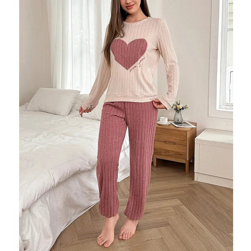 Soft Color Block Heart Pattern Sleepwear Set Women's Long Sleeve Long Pants Home Clothes Two Piece Set Spring Autumn New Style