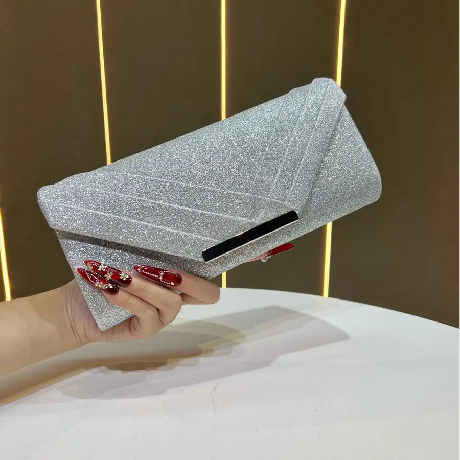 Shiny Evening Bag Clutch Chain Shoulder Bag Luxury Fashionable Polyester Square Envelope Bag Folded Edge Design For Banquet