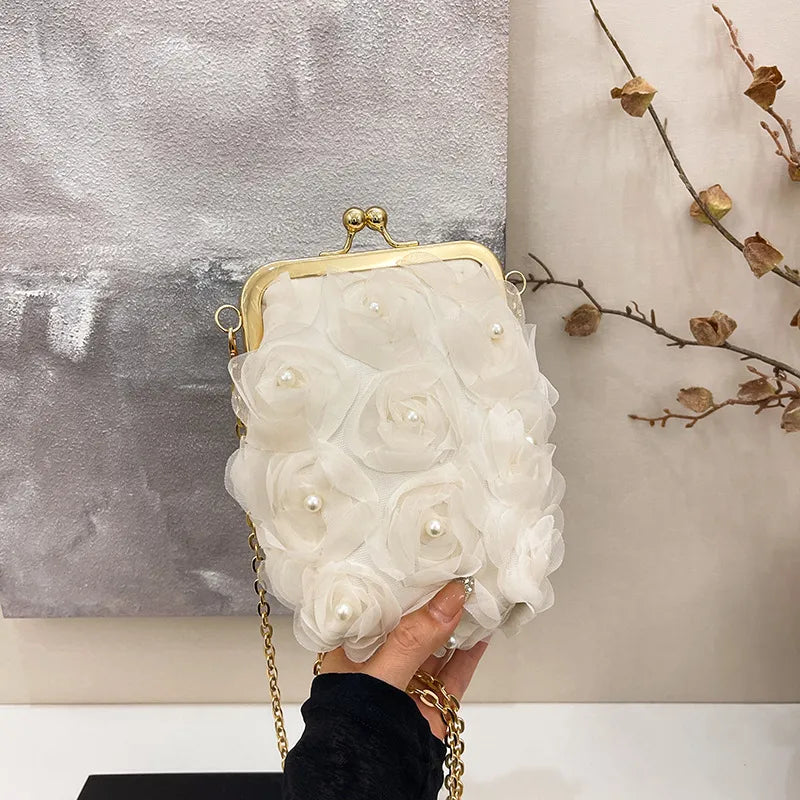 Sweet Floral Embellished Clutch Shoulder Bag For Women Fashionable Mini Square Bag Trendy Buckle Closure Fresh Style Handbag