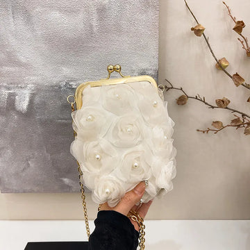 Sweet Floral Embellished Clutch Shoulder Bag For Women Fashionable Mini Square Bag Trendy Buckle Closure Fresh Style Handbag