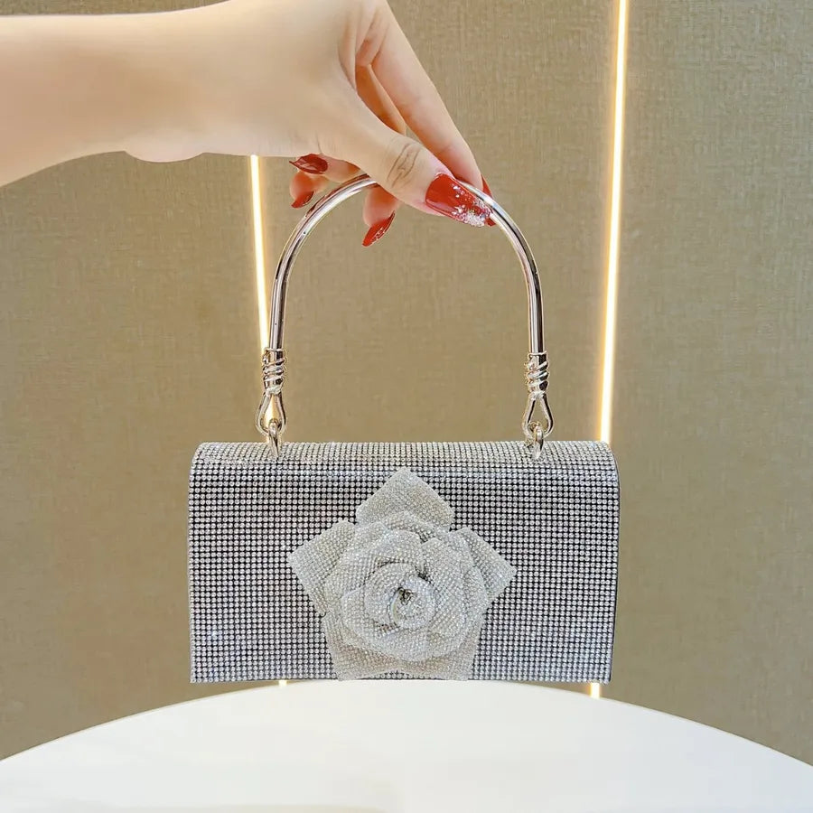 New Full Drill Handbag Water Diamond Flower Chain Small Square Bag Handbag Single Shoulder Slant Cross Evening Bag Ladies Purse