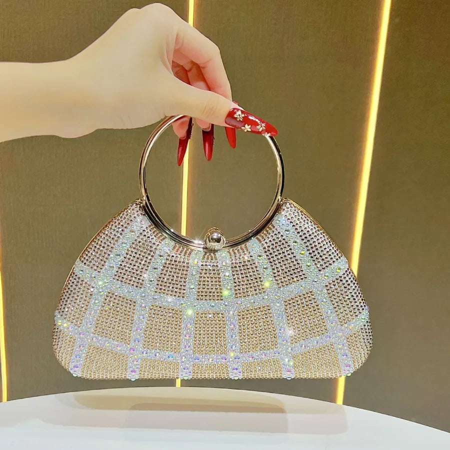 Elegant Diamond Embedded Crossbody Shoulder Bag New Fashion High Value Women's Handbag Shell Shape Polyester Evening Bag