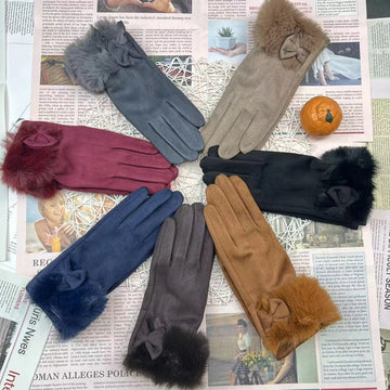 Women's Winter Touchscreen Gloves Rabbit Fur Lined Warm Suede Cycling Gloves Stylish Basic European Simple Design