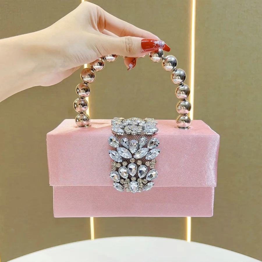Shiny French Style Silk Satin Surface Pearl Box Handbag Women's Crossbody Bag For Party Elegant Fashionable Square Bag