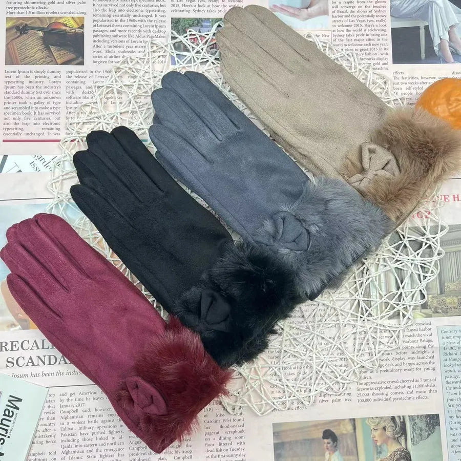 Women's Winter Touchscreen Gloves Rabbit Fur Lined Warm Suede Cycling Gloves Stylish Basic European Simple Design