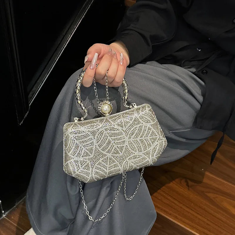 Fashionable Diamond Embedded Retro Evening Bag Women's Crossbody Chain Box Bag Special Shape Material Box Style Single Shoulder Strap