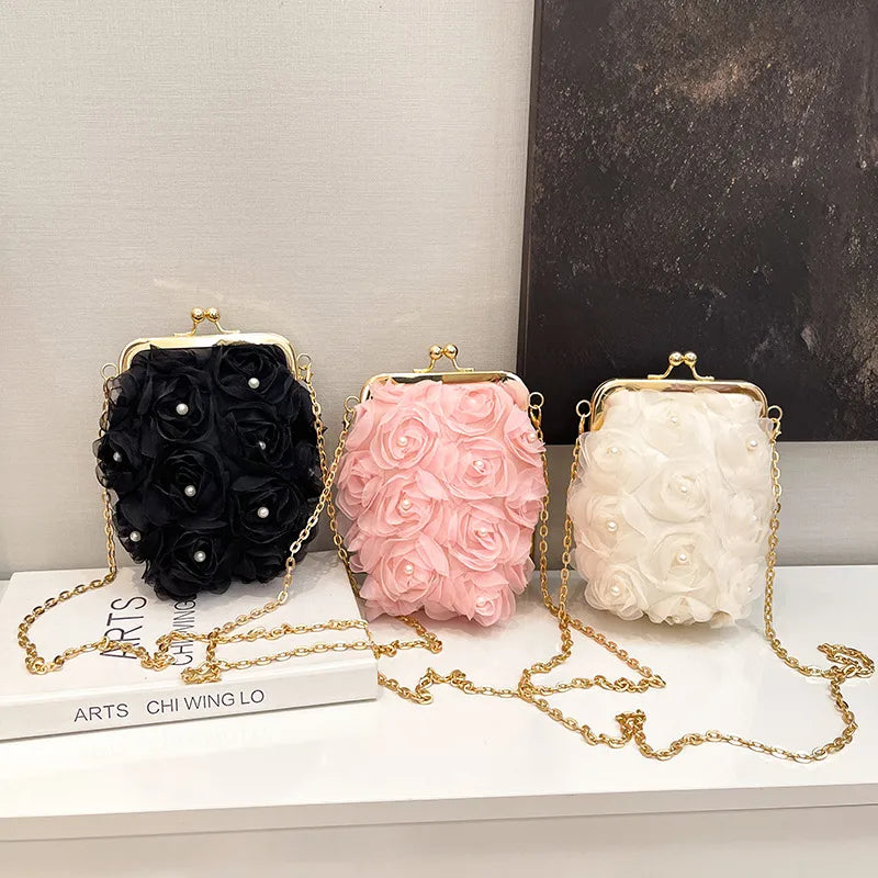 Sweet Floral Embellished Clutch Shoulder Bag For Women Fashionable Mini Square Bag Trendy Buckle Closure Fresh Style Handbag