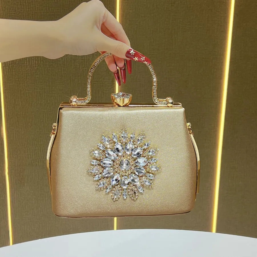 Fashionable Women's Handbag Evening Dress Bag Wedding Maids Shoulder Crossbody Diamond Embellished Bucket Shape PU Bag