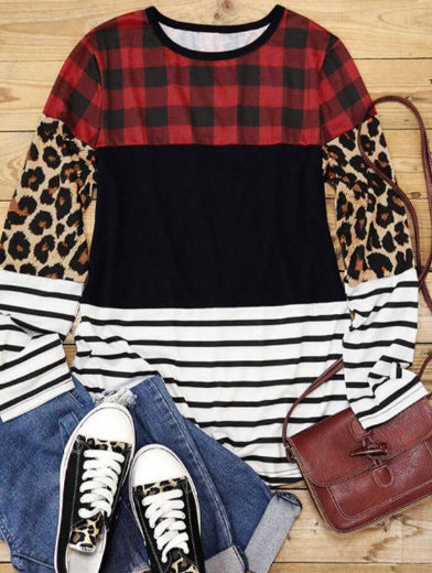 Plaid Print Leopard Blouse,  Striped Colour Block Long Sleeve Top