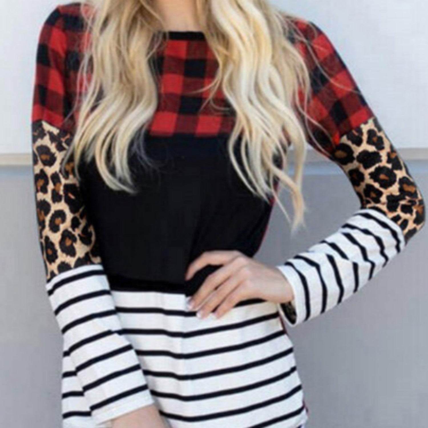 Plaid Print Leopard Blouse,  Striped Colour Block Long Sleeve Top