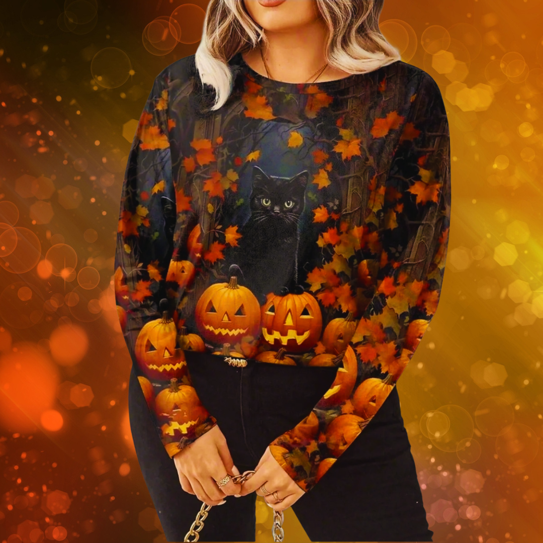 Women's Halloween Sweatshirts – Witch, Pumpkin & Cat Print Long Sleeve Crew Neck Sweater | Casual Autumn/Winter Top with Slight Stretch