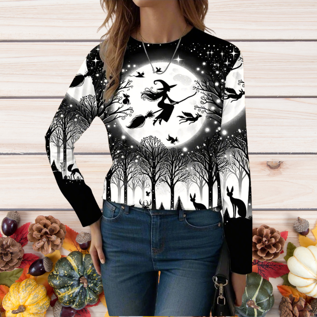 Women's Halloween Sweatshirts – Witch, Pumpkin & Cat Print Long Sleeve Crew Neck Sweater | Casual Autumn/Winter Top with Slight Stretch