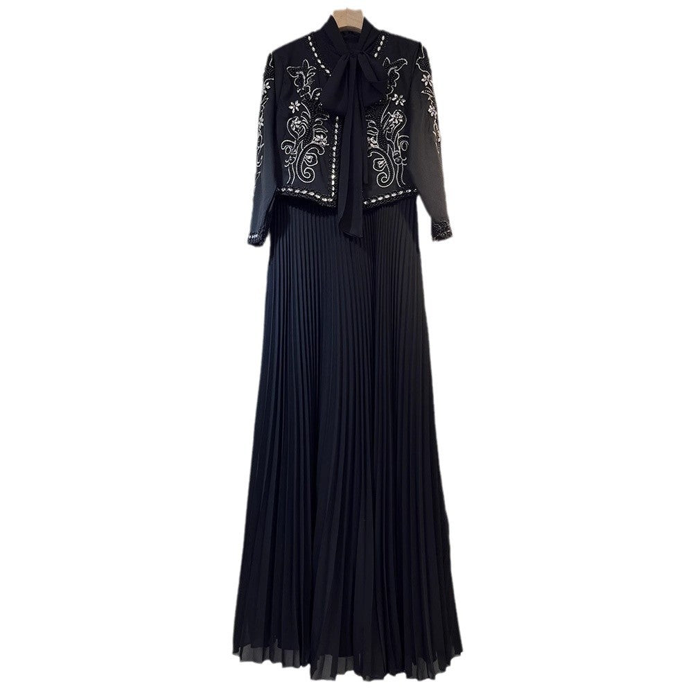 Round Neck Bowknot Flower Patchwork Pleated Skirt Dress