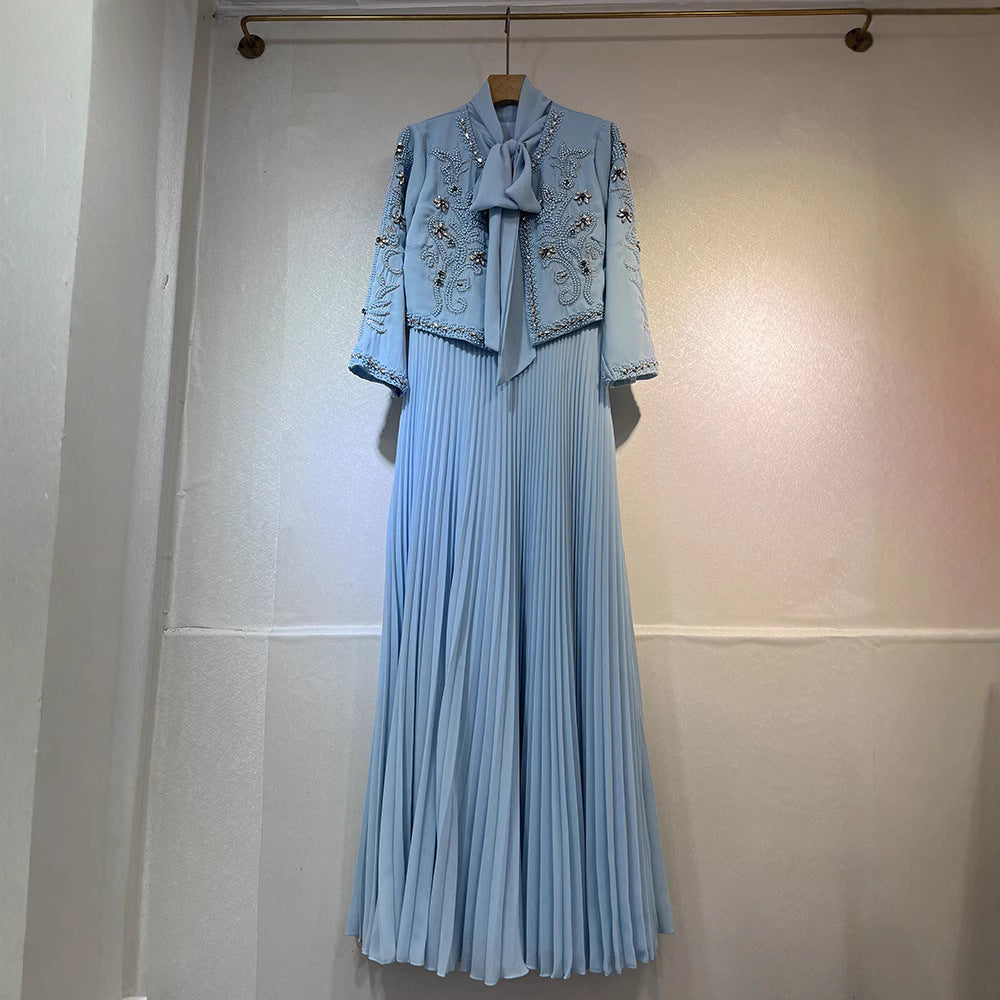 Round Neck Bowknot Flower Patchwork Pleated Skirt Dress