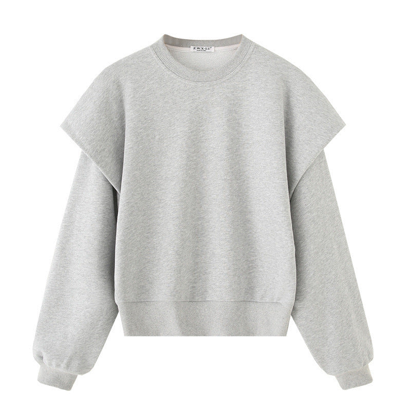 Solid Colour Pleated Thick Round Neck Sweater, Long Sleeve Spring Sweatshirt