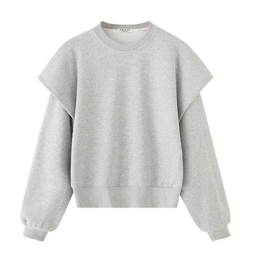 Solid Colour Pleated Thick Round Neck Sweater, Long Sleeve Spring Sweatshirt
