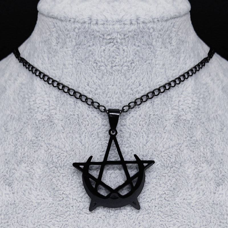 Stainless Steel Gothic Moon And Pentagram Pendant Necklace