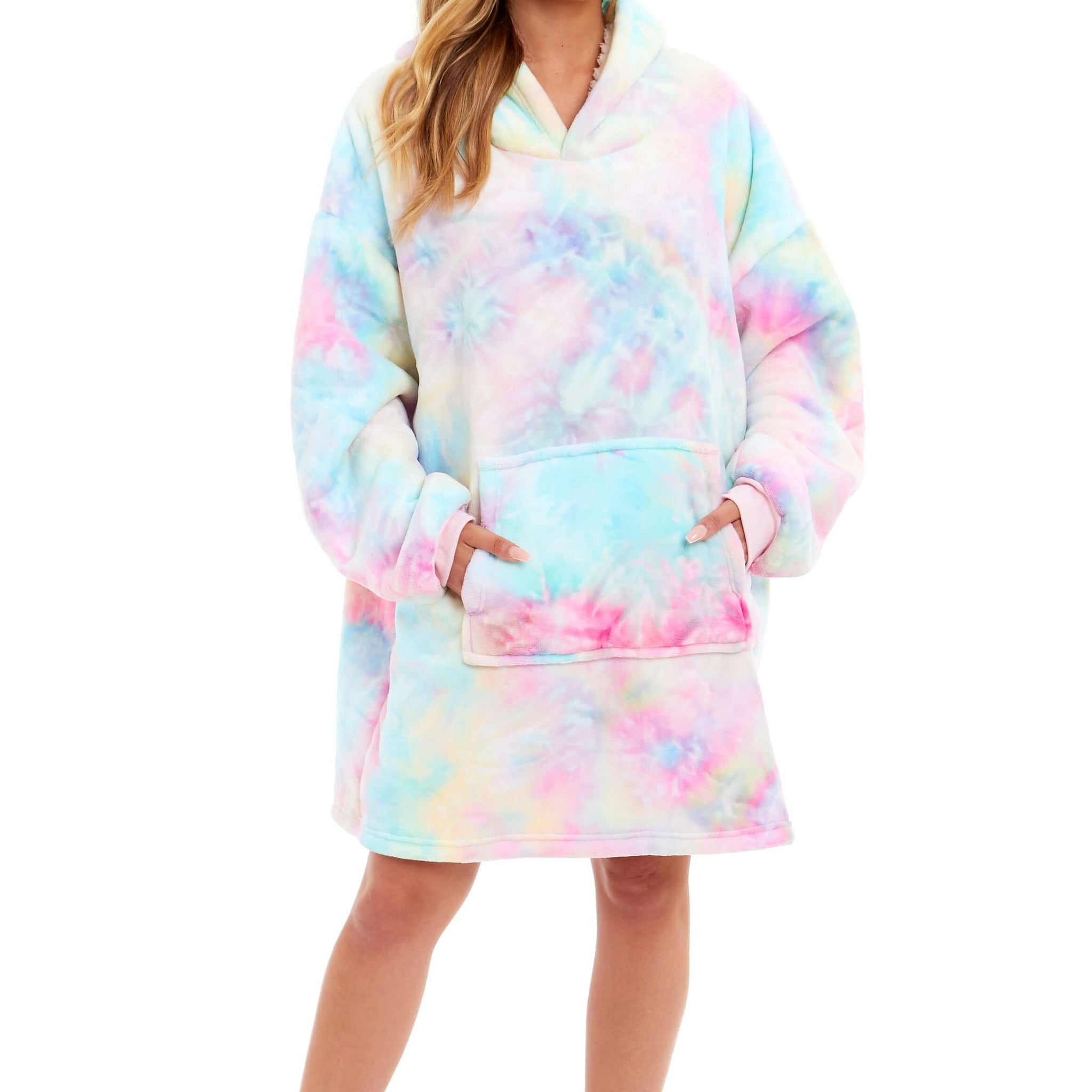 Tie Dye Rainbow Oversized Hooded Plush Fleece Wearable Blanket with Sherpa, Elastic Cuffs, and Double Pocket for Adults and Kids by Daisy Dreamer