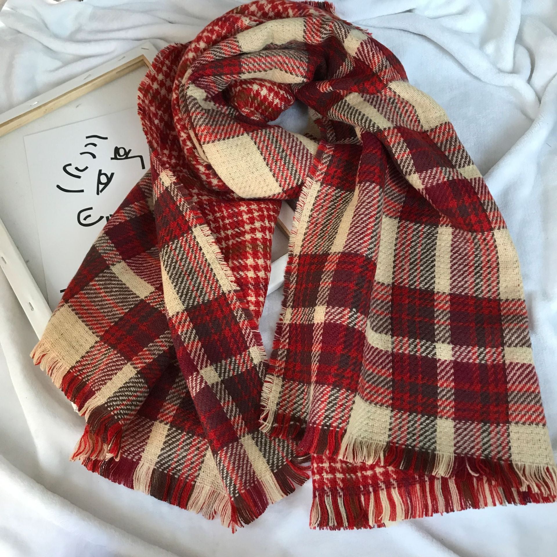 Unisex Retro British Checkered Tassel Scarf, Double-sided Faux Cashmere Shawl