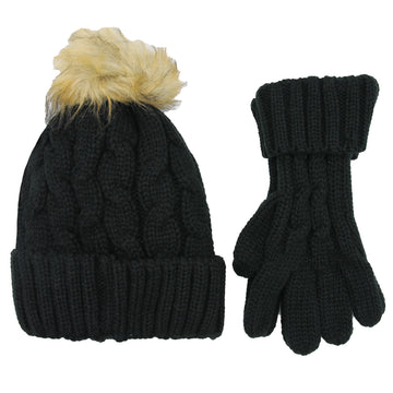 Women's Black Chunky Knit Winter Hat & Gloves Set Faux Fur Pom Pom Warm & Stylish Beanie for Ladies By Heatwave Thermalwear