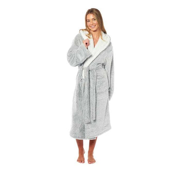 Women's Soft Plush Shimmer Fleece Hooded Bath Robe Luxurious Dressing Gown for Lounging and Sleeping in Shimmer Grey Multiple Sizes by Daisy Dreamer