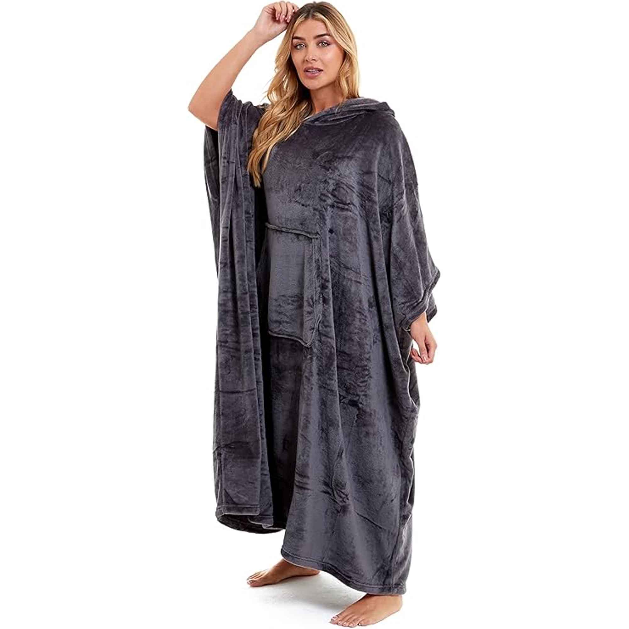 Women's Super Soft Oversized Hooded Poncho Blanket Navy Charcoal Flannel Fleece Cozy Loungewear Nightwear Warm Hoodie One Size Fits Most Adults by Daisy Dreamer