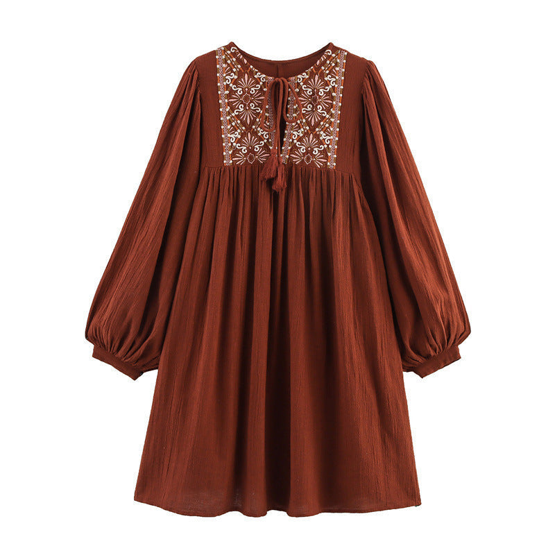 Women's Embroidered Crew Neck Short Dress