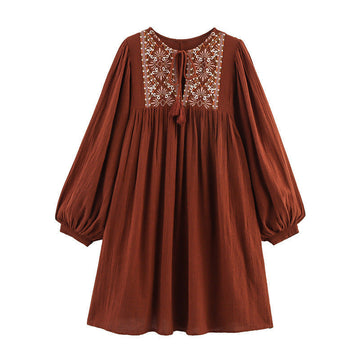 Women's Embroidered Crew Neck Short Dress