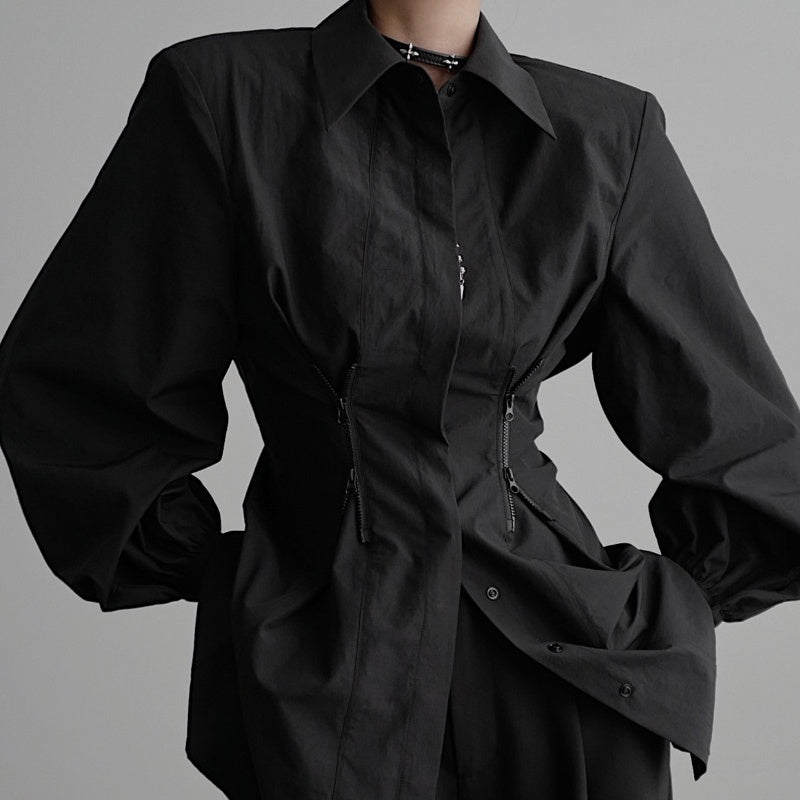 Women’s Luxury Zipper Detailed Blouse, Long Sleeve Waist Trimming Shirt