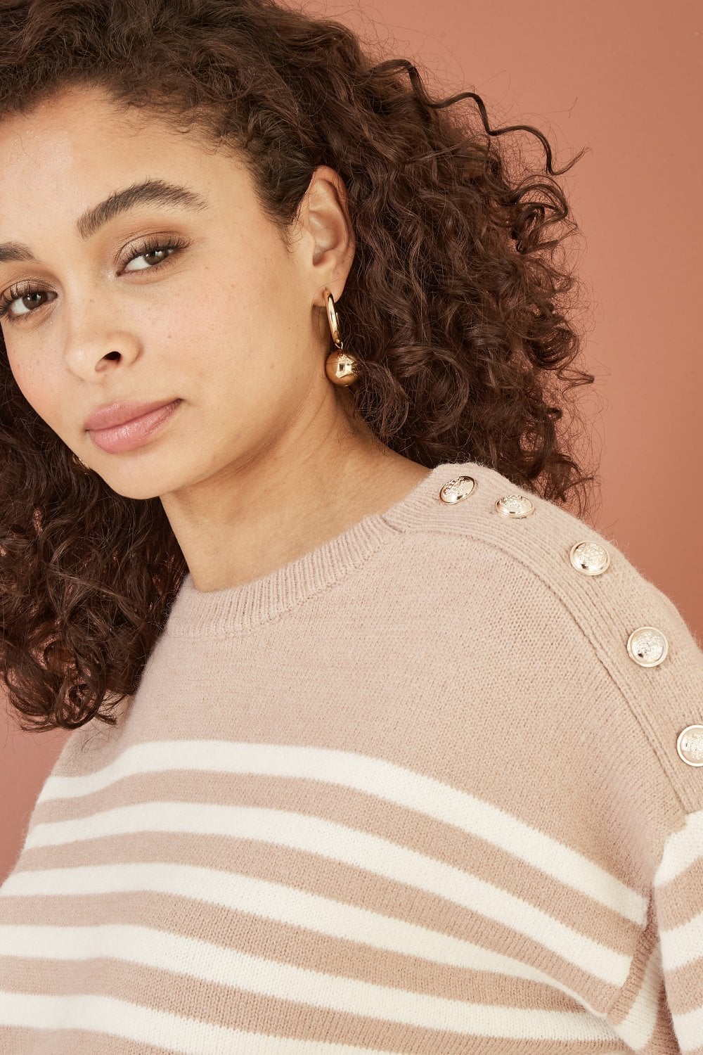 Yumi Beige Stripe Knitted Relaxed Jumper With Button Details