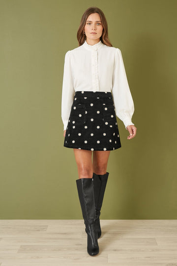 Yumi Black Corduroy Embroidered Daisy Mini Skirt