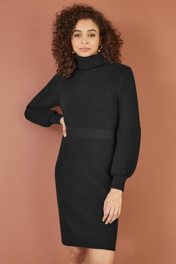 Yumi Black Roll Neck Knitted Dress With Fitted Waist