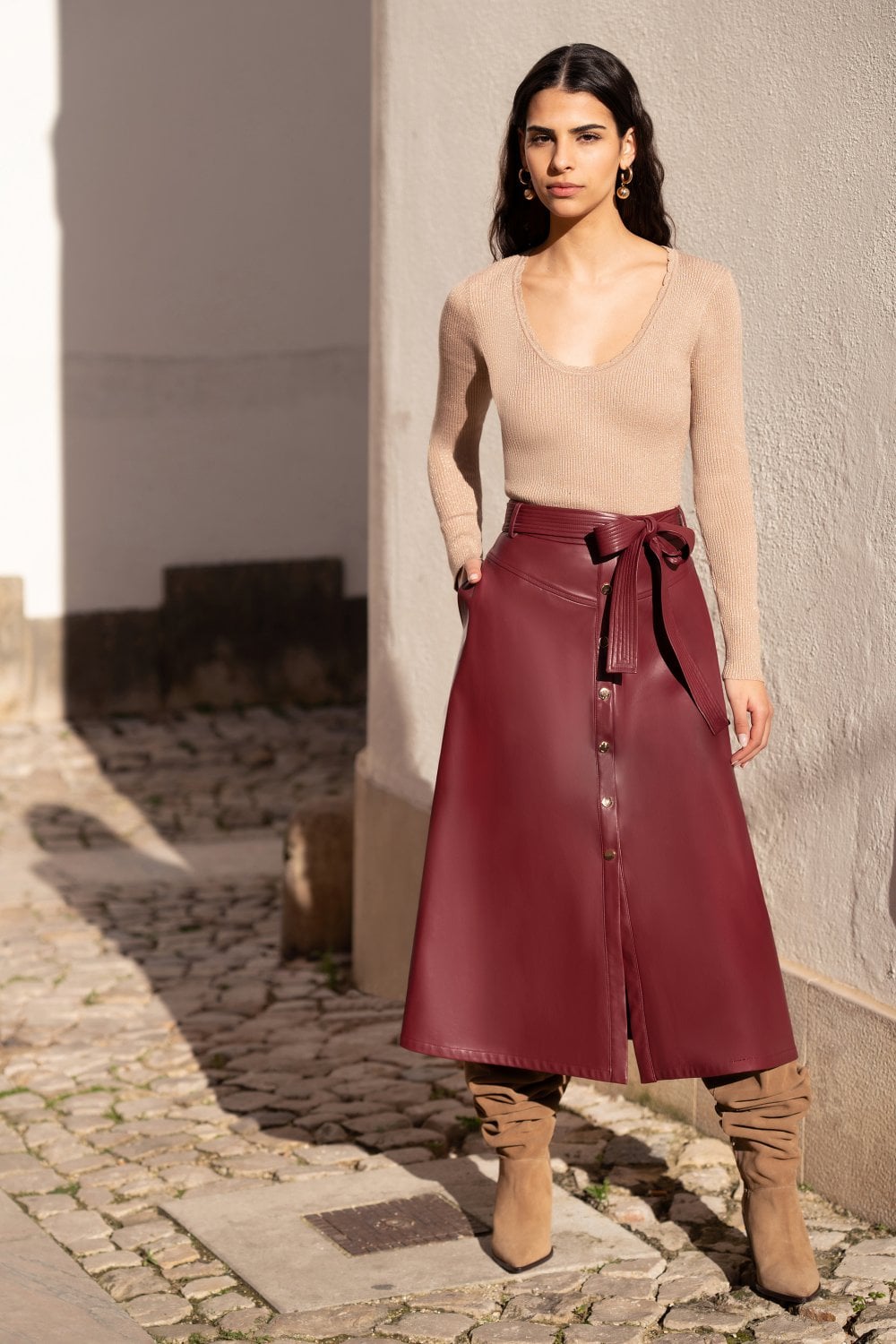 Yumi Burgundy Faux Leather A Line Midi Skirt With Button Up Details