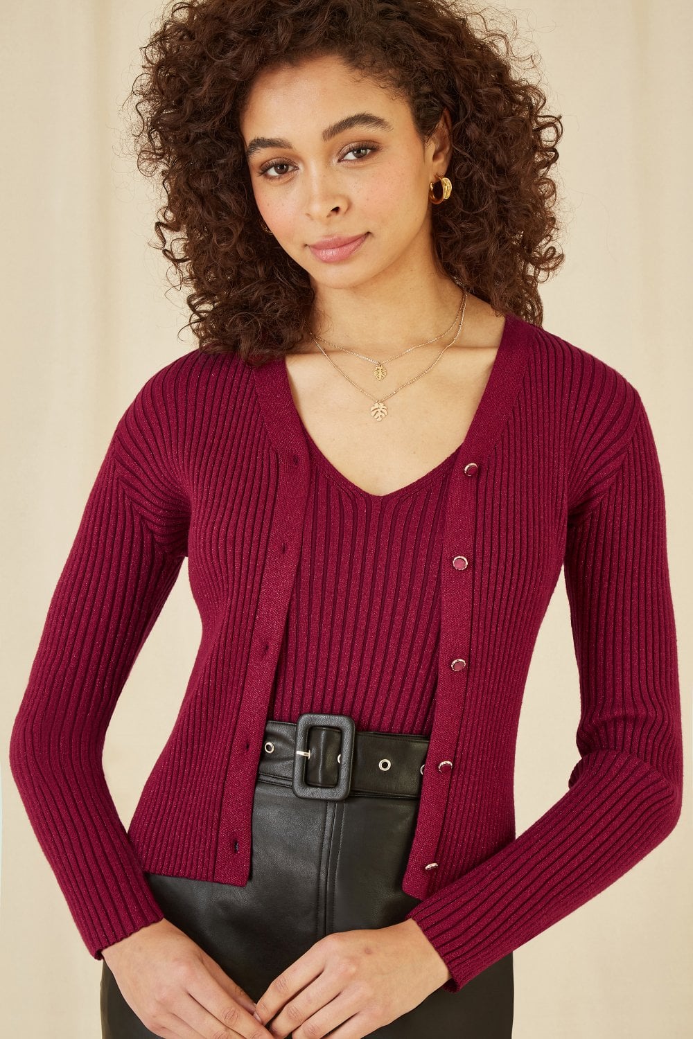 Yumi Burgundy Metallic Rib Knitted Cardigan
