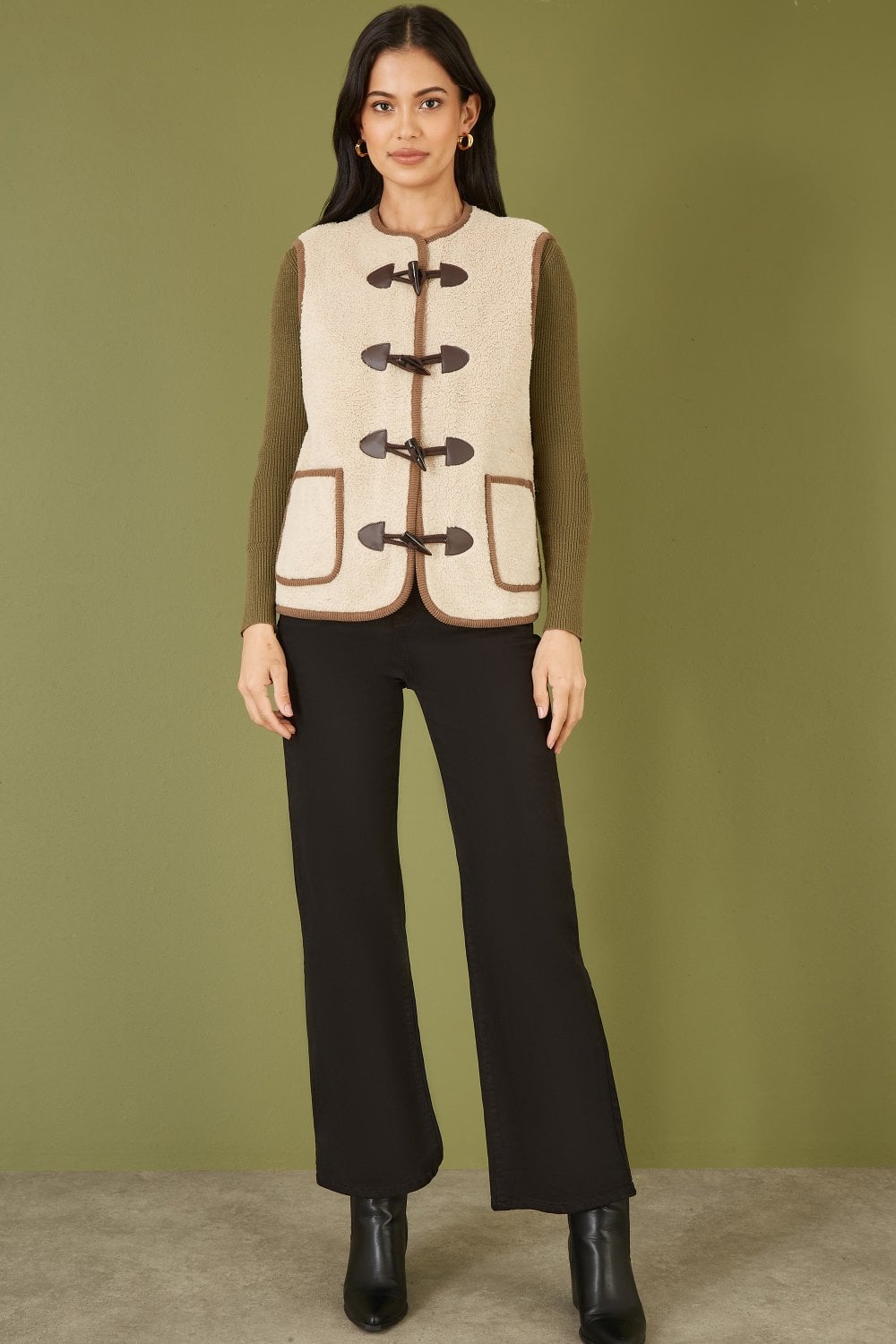 Yumi Cream Borg Gilet With Faux Leather Button Details