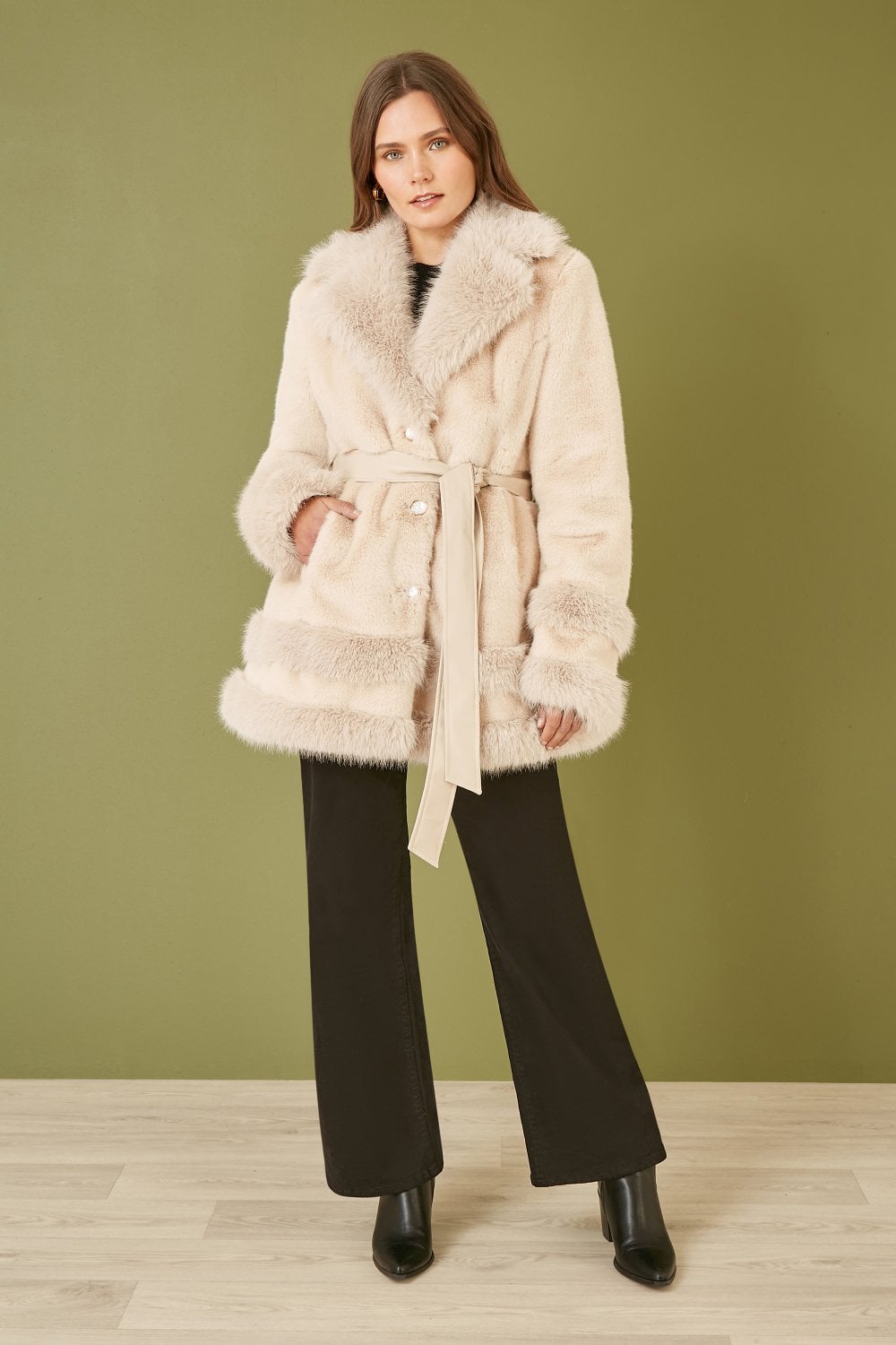 Yumi Cream Luxe Faux Fur Swing Coat With Tie Belt