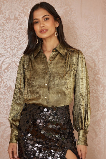 Yumi Gold Metallic Relaxed Balloon Sleeve Shirt