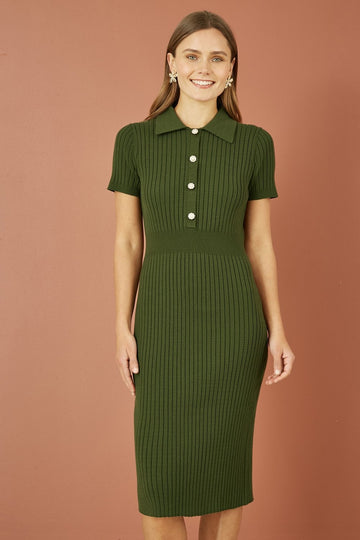 Yumi Green Fitted Rib Knitted Midi Dress With Daisy Buttons